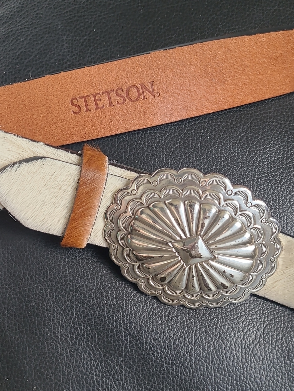 Stetson Brown Leather & Cream Hair-On Belt with Silver Concho